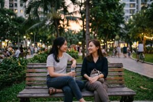 Hai người bạn ngồi trò chuyện ở công viên lúc chiều muộn, thể hiện sự lắng nghe và kết nối nhẹ nhàng