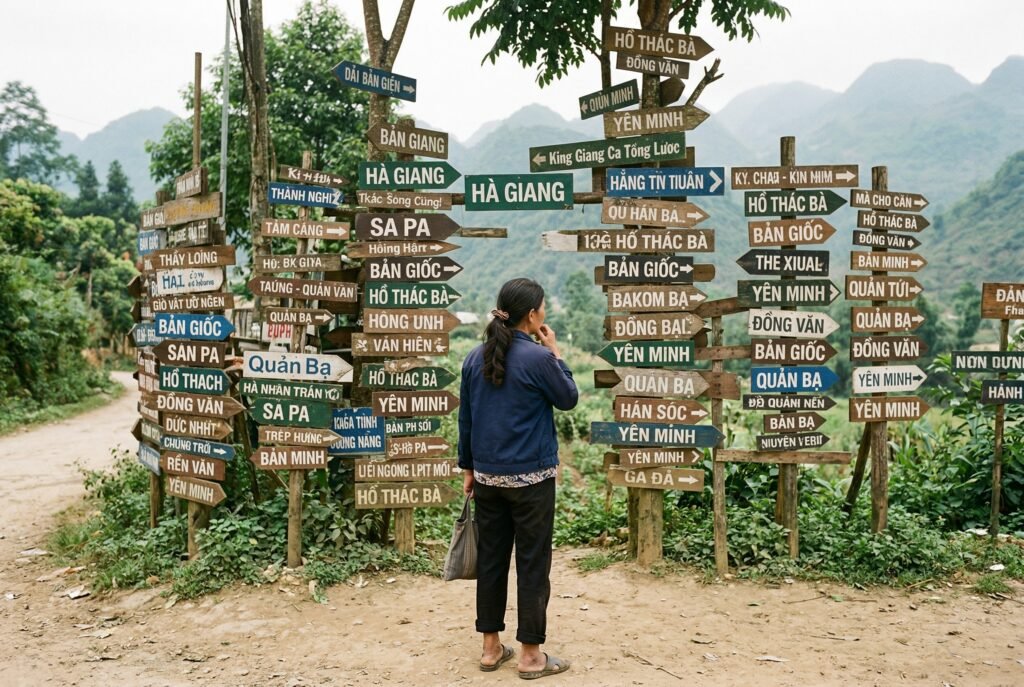 Một người đứng trước nhiều biển chỉ dẫn, thể hiện cảm giác quá tải vì phải chọn quá nhiều