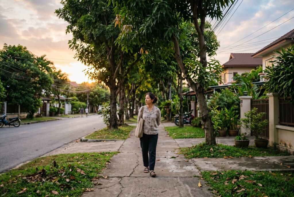 Một người đi bộ chậm trên vỉa hè rợp cây vào chiều muộn, không đeo tai nghe, tập trung vào nhịp thở