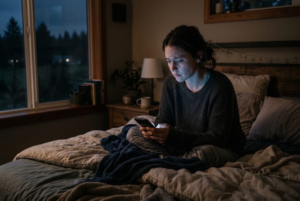 Một người ngồi trên giường buổi tối, nhìn điện thoại với vẻ mệt mỏi vì đọc tin liên tục