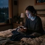 Một người ngồi trên giường buổi tối, nhìn điện thoại với vẻ mệt mỏi vì đọc tin liên tục