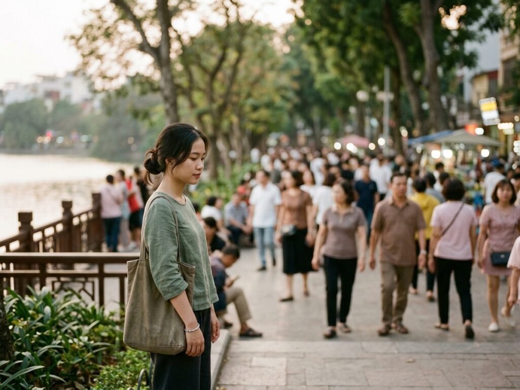 Một người đứng lặng bên rìa đám đông mờ, gợi cảm giác muốn tìm khoảng lặng giữa nơi đông người