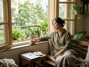 Một người nghỉ ngơi bên cửa sổ với tách trà và máy tính đã đóng