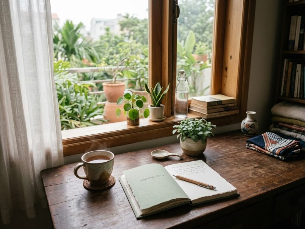 Góc bàn yên tĩnh bên cửa sổ với sổ tay, tách trà và ánh sáng dịu, gợi cảm giác bắt đầu lại nhẹ nhàng.