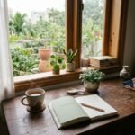 Góc bàn yên tĩnh bên cửa sổ với sổ tay, tách trà và ánh sáng dịu, gợi cảm giác bắt đầu lại nhẹ nhàng.