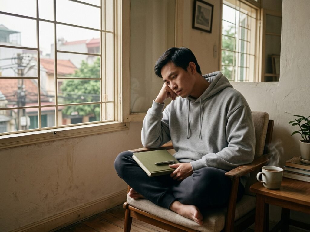 Người mệt mỏi ngồi yên bên cửa sổ trong ánh sáng dịu