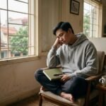 Người mệt mỏi ngồi yên bên cửa sổ trong ánh sáng dịu